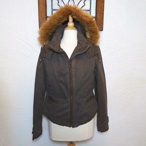 Green Coat with Faux Fur Trim Hood Fall Winter Utility Jacket size XL